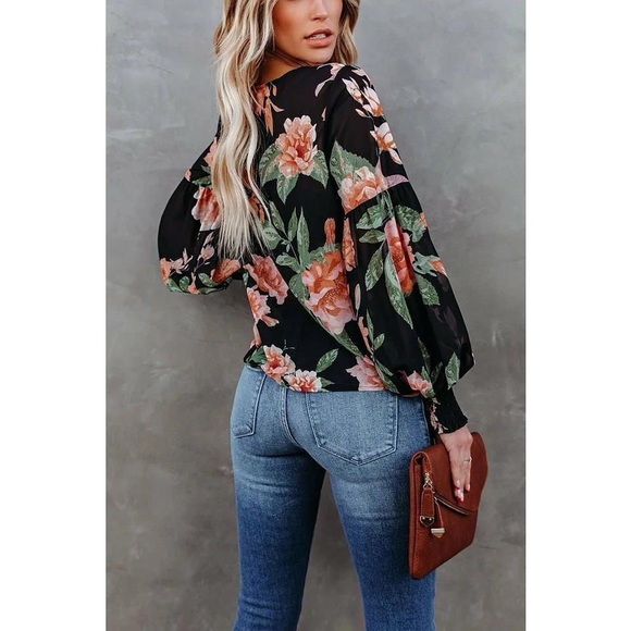 VICI Boutique Dark Floral Semi Sheer Poet Drop Sleeve Blouse Top Medium - Picture 2 of 10